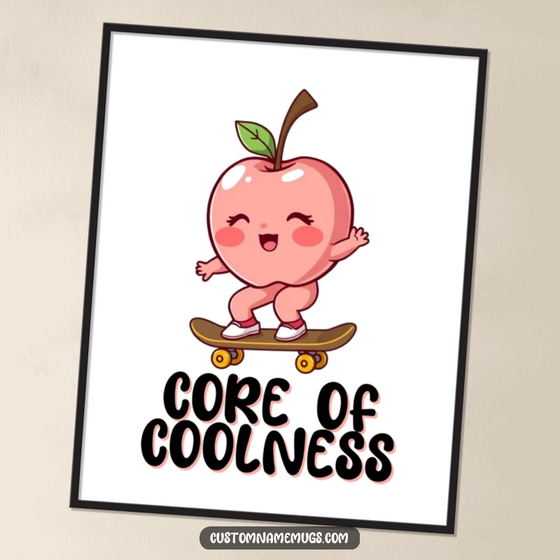 Funny digital art print of a blushing, rosy apple character riding a skateboard, ideal for humorous decor.