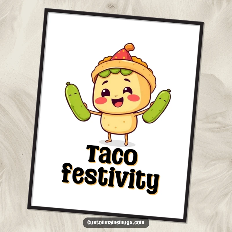 Funny Art Print: A smiling taco character in a party hat juggles three comically large pickles, a humorous fiesta scene.