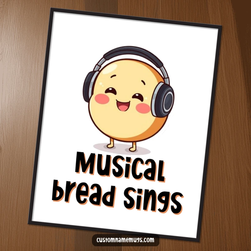 Funny Digital Art Print: Smiling round bread character comically wearing oversized headphones, bobbing its head energetically.