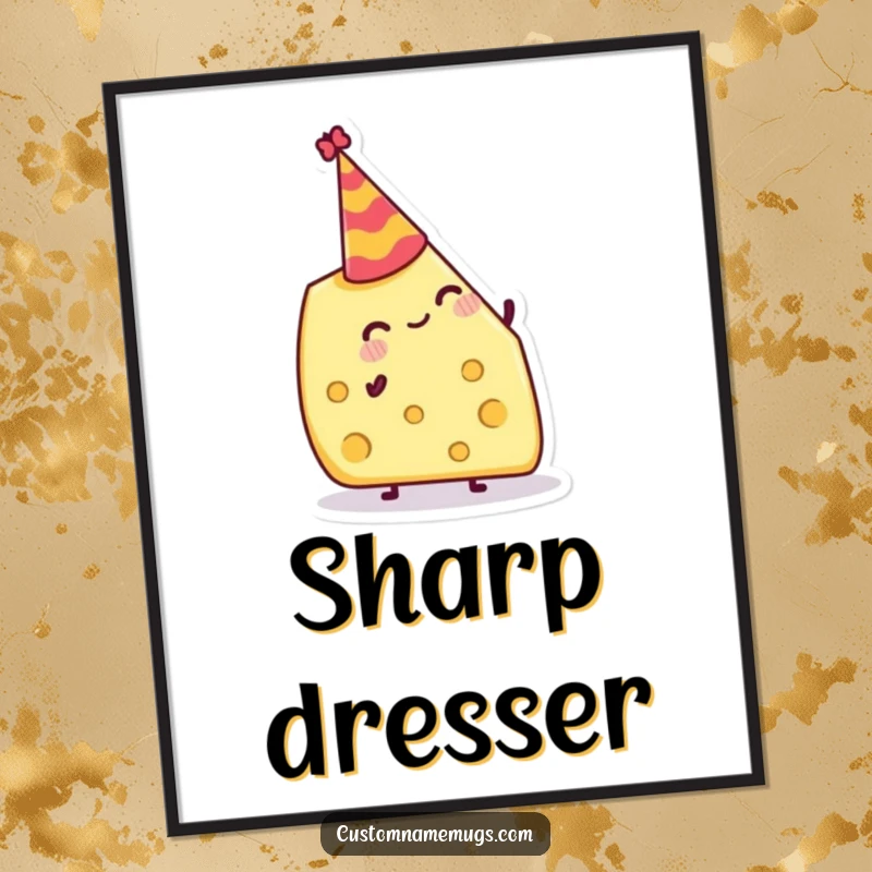 Funny Digital Art Print: Jolly cheese wedge attempting to balance a tiny party hat, ideal for humorous foodie decor.