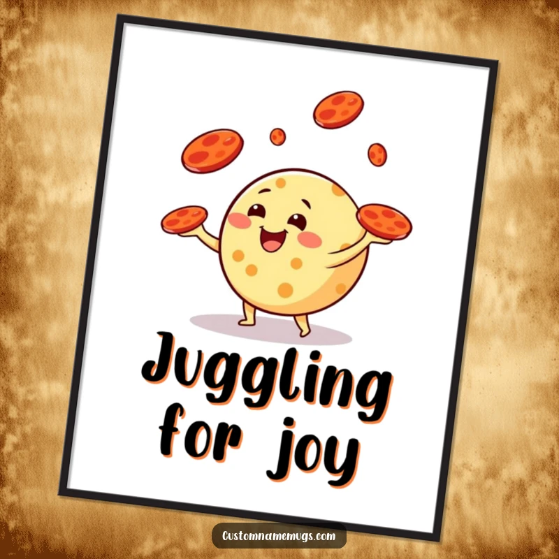 Funny digital art print of a round cheese character happily juggling pepperoni slices like tiny frisbees, offering instant humorous decor.