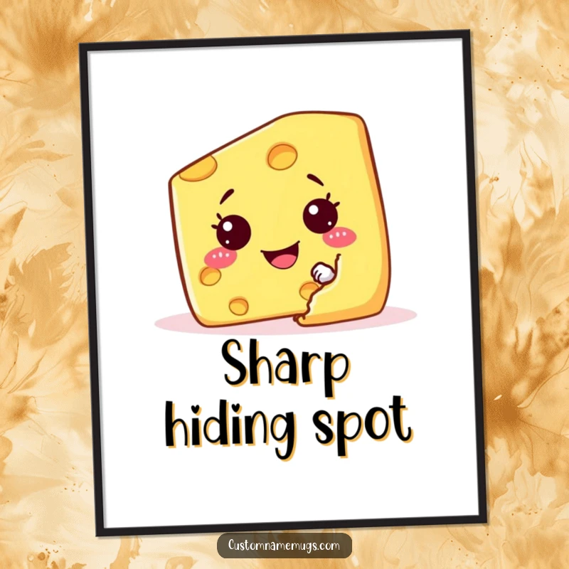 Funny digital art print of a mischievous cheese wedge character hiding behind a cracker, instant wall décor.
