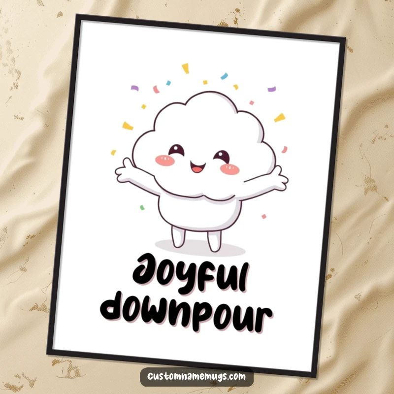 Funny digital art print of a smiling cloud character joyfully caught in a confetti shower, perfect for creating a festive and happy atmosphere.