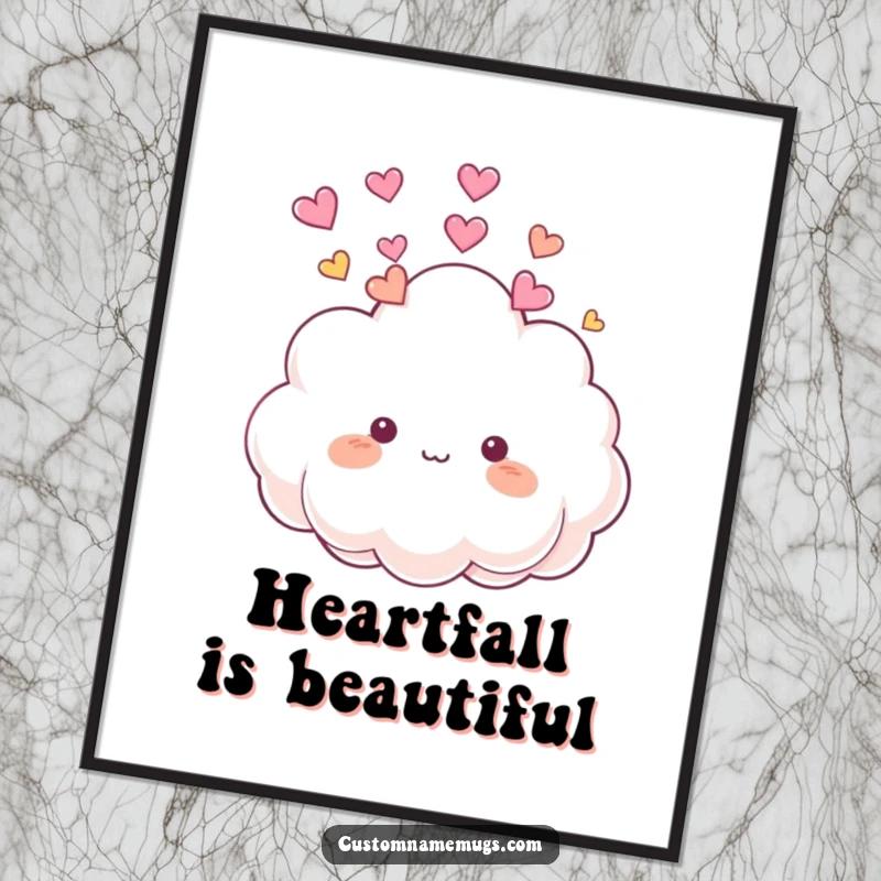 Funny Digital Art Print: Cute, fluffy cloud character playfully raining small, colorful hearts onto its own head, full of joy.
