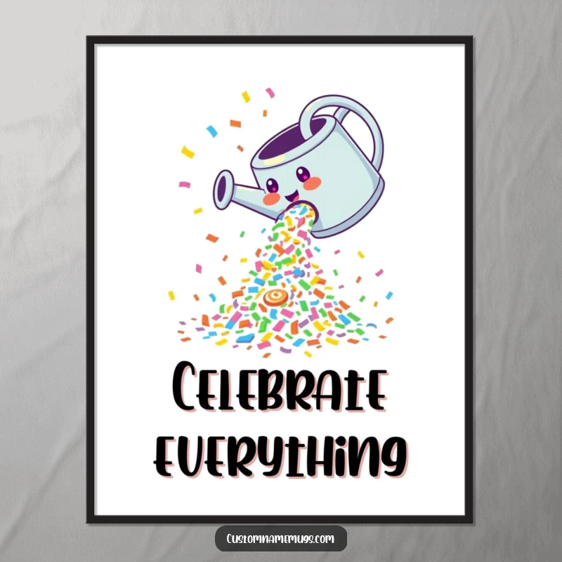 Funny Digital Art Print: Giggling watering can pouring a cascade of colorful confetti, ideal for celebratory decor.