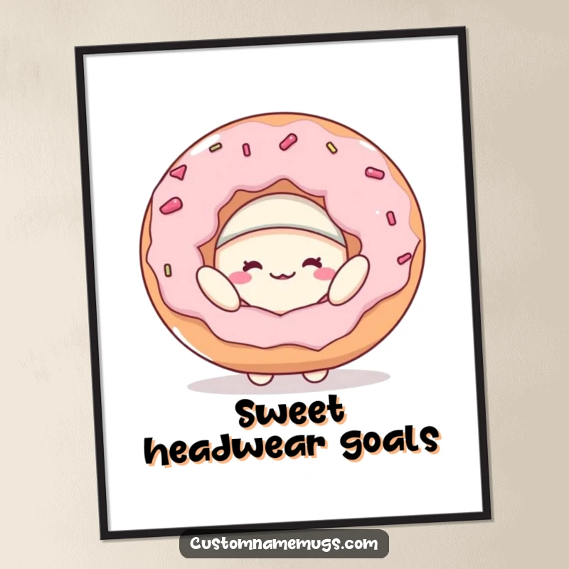 Funny digital art of a delighted blob character humorously attempting to wear a giant donut as a hat, perfect for instant, whimsical wall art.