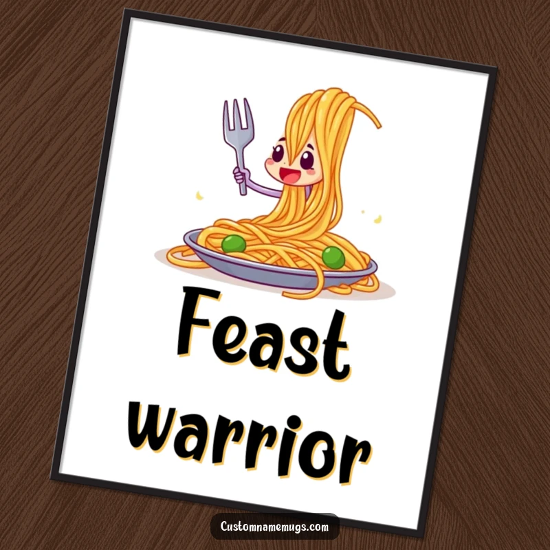 Funny digital art print of a brave fork character jousting a massive spaghetti strand, instant wall decor with humor.