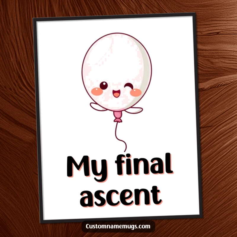 Funny Kawaii balloon character popping itself while trying to fly, humorous digital art print for wall decor.