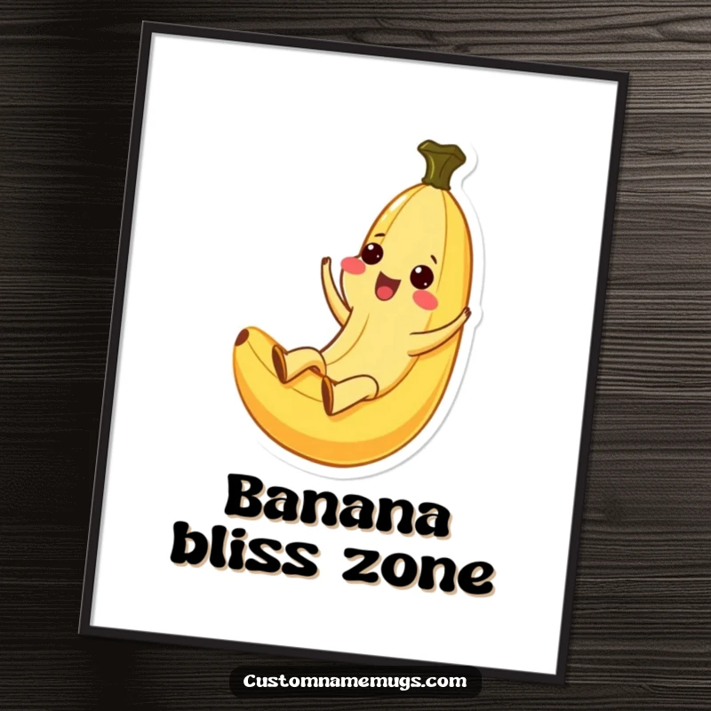 Funny Kawaii banana character ecstatically sliding down a banana peel, rendered as a downloadable digital art print.