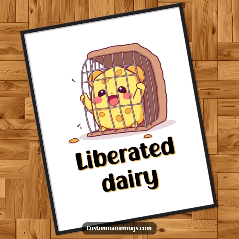 Funny Kawaii cheese character joyfully escaping a small cage, a humorous digital art print for home decor.