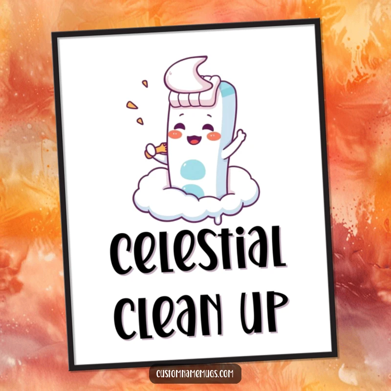 Funny Kawaii toothbrush character trying to brush a cloud, humorous digital art print for wall decor.