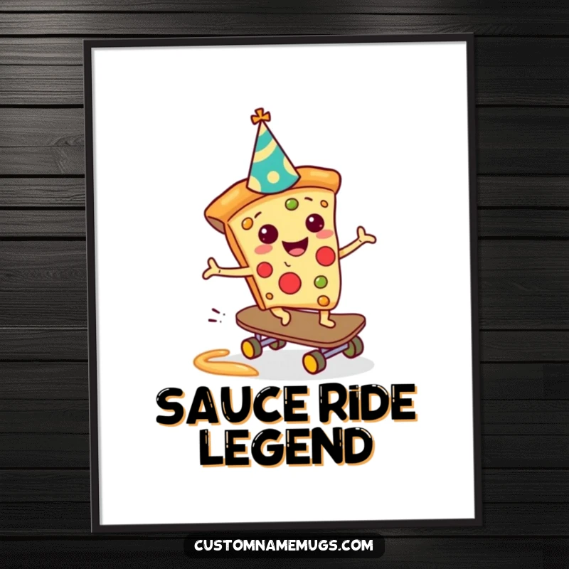 Funny Pizza Skateboarder Digital Art Print: A happy pizza slice skateboarding down a sauce slide, perfect for humorous wall decor and a funny gift.