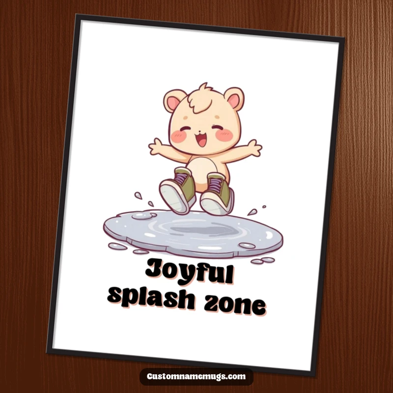 Funny digital art print of a creature with oversized shoes joyfully hopping in a puddle, perfect for whimsical wall decor.