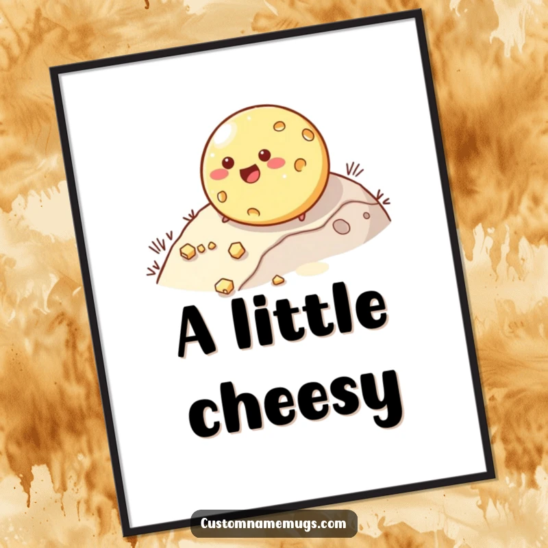 Funny digital art print of a happy, round cheese character rolling downhill comically losing pieces. Brings instant humor.