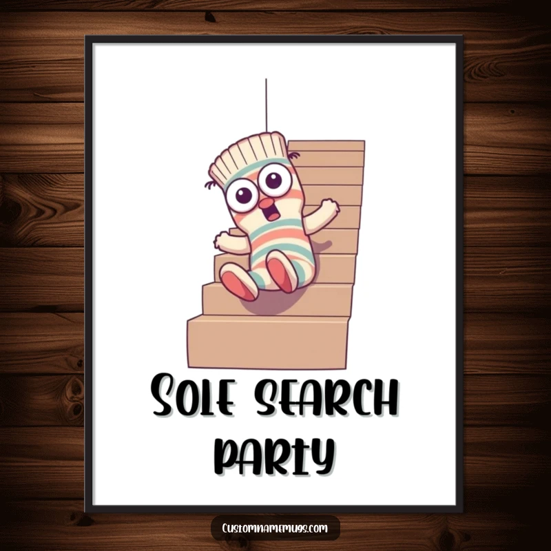 Funny digital art print of a goofy sock character with mismatched eyes hilariously tumbling down stairs, perfect for humorous wall art.