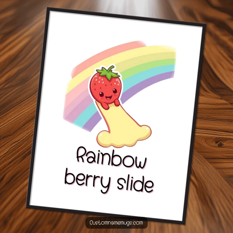 Funny digital art print of a smiling strawberry character dramatically sliding down a rainbow, offering instant whimsical decor.