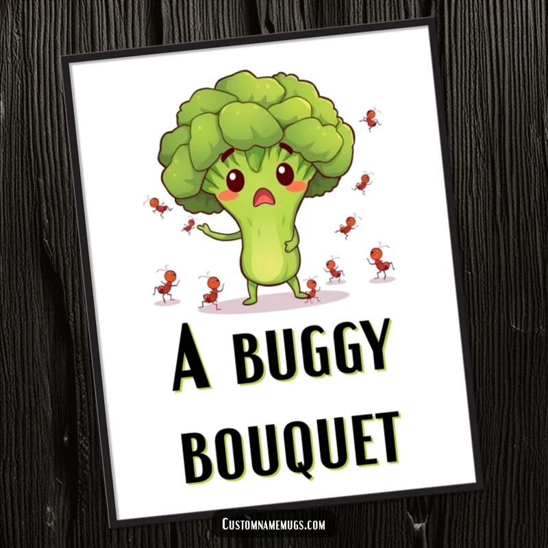 Funny digital art print of a surprised broccoli character juggling tiny dancing ants, ideal for humorous decor.
