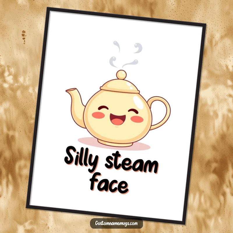Funny digital art print of a delighted teapot character with steam forming a silly face, offering instant whimsical decor and humor.