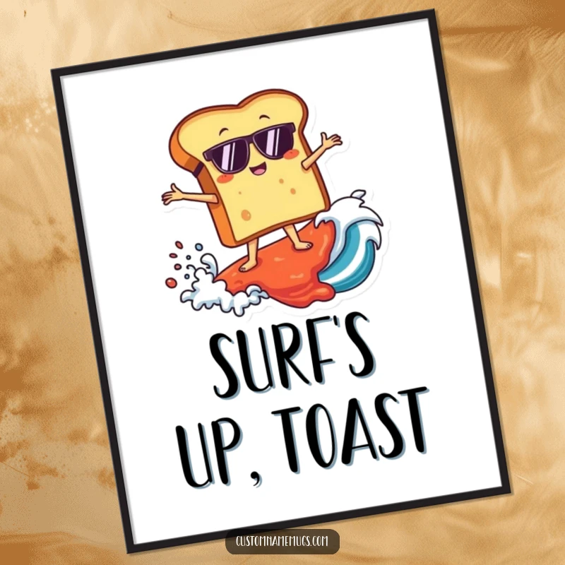 Funny digital art print of a toast character wearing sunglasses, surfing a giant wave of jam, offering instant humorous decor.