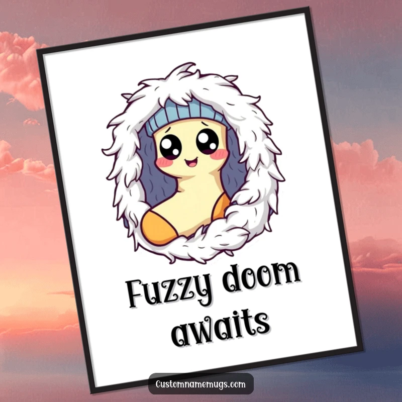 Funny Kawaii sock character with googly eyes trapped by a dryer lint monster, a humorous digital art print for home decor.