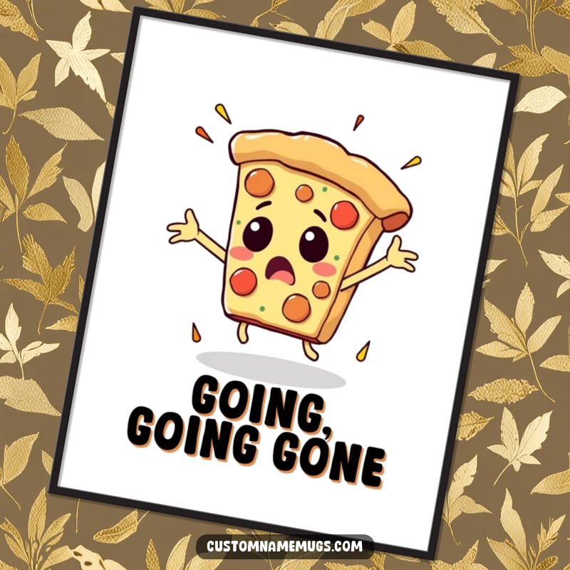 Funny digital art print of a pizza slice with flailing arms in mid-fall, providing instant humorous and dynamic wall decor.