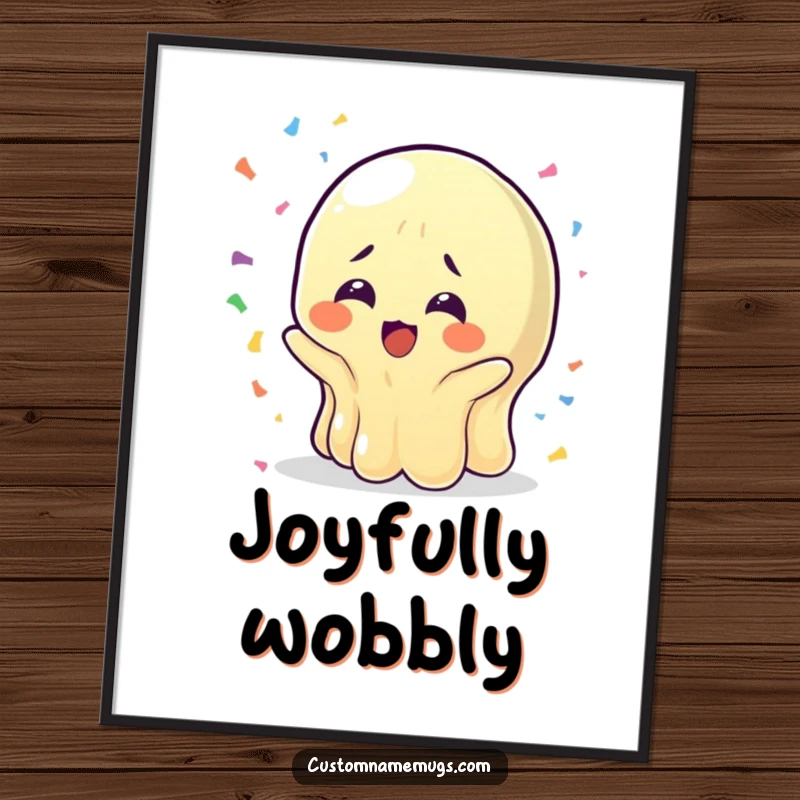 Funny Wobbly Jelly Digital Art Print: A jelly character in bewildered joy catching confetti, perfect for festive decor and a funny gift.
