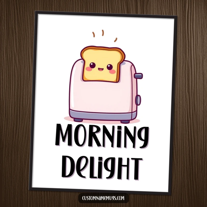 High-resolution digital art print of funny tiny smiling toast popping out of a toaster with surprise, perfect for decor.