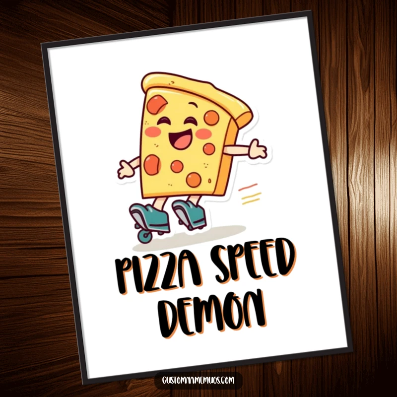 Funny pizza roller skater digital art print, a laughing pizza slice wearing roller skates zooms around, for instant fun decor.