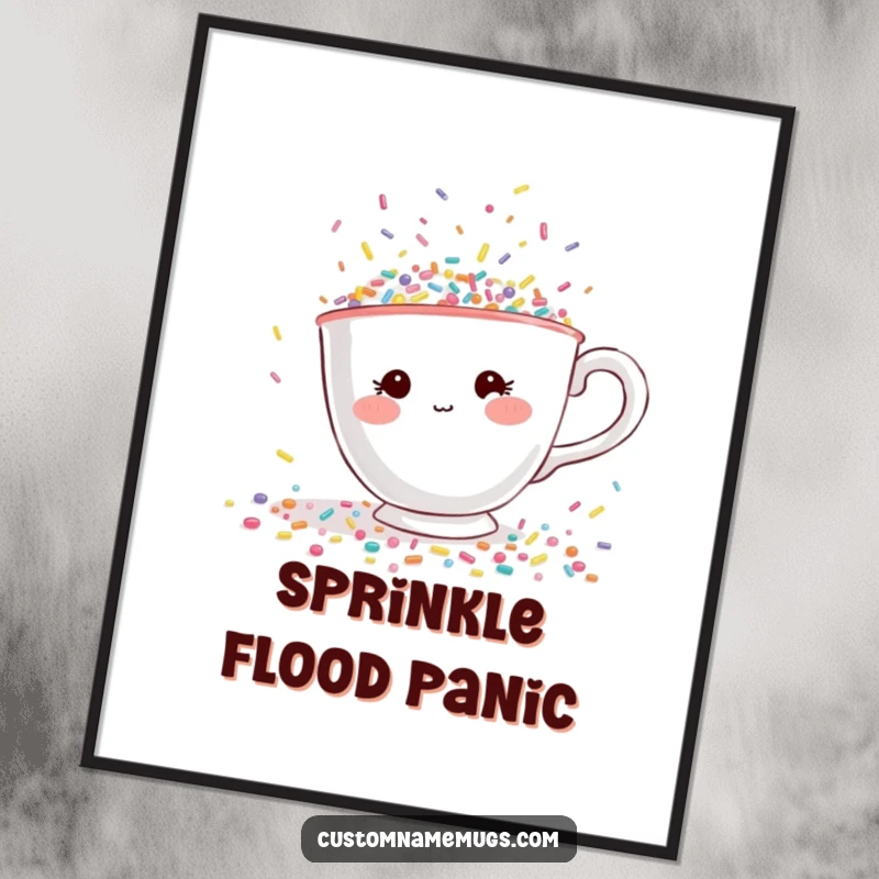 Funny digital art print of a shy teacup character with rosy cheeks, desperately trying to escape a flood of tiny, colorful sprinkles.