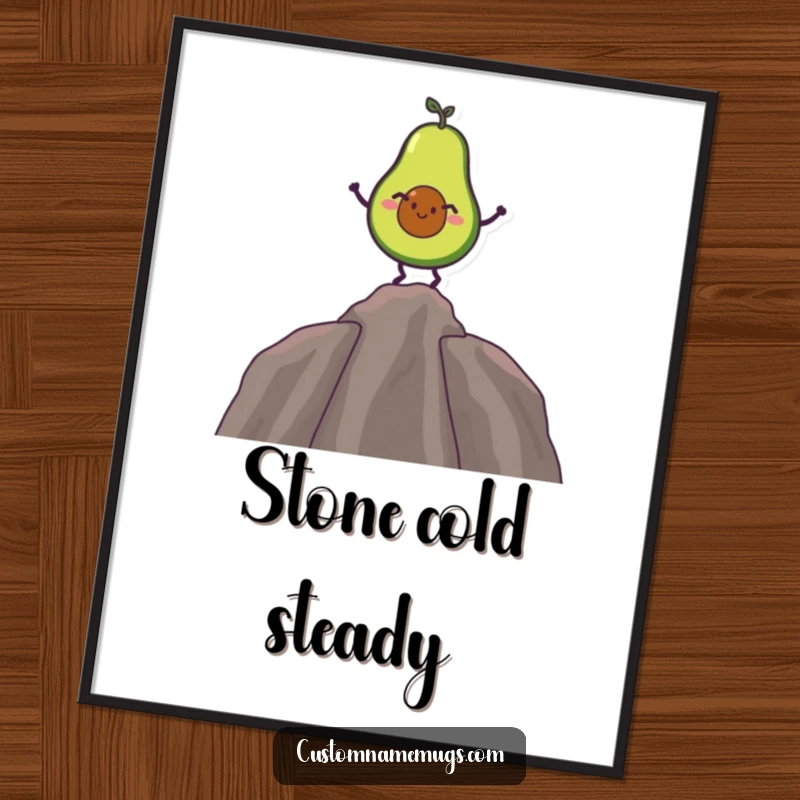 Funny digital art print of a giggling avocado balancing on its pit, instant wall décor with a humorous touch.