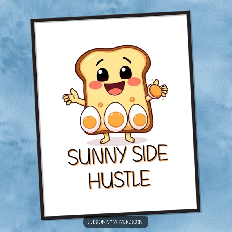 Funny digital art print of a delighted toast character with a massive grin, juggling three eggs, perfect for humorous kitchen or dining decor.
