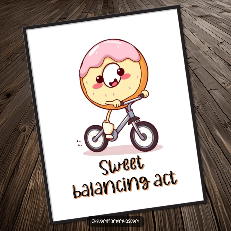 Funny digital art print of a smiling, round donut character with tiny legs enthusiastically riding a miniature unicycle. Humorous wall art.