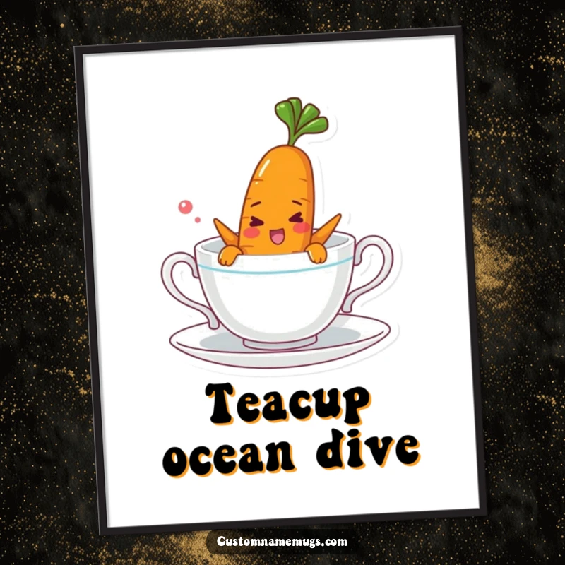 Funny digital art print of a cheerful carrot character comically swimming in a teacup, ready for instant download and display.