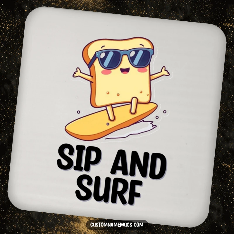 Funny kawaii toast character surfing a crumb on a protective drink coaster, a cute funny gift.