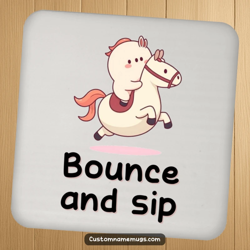 Funny drink coaster featuring a blob character attempting to ride a large bouncy ball like a horse, ideal for surface protection.