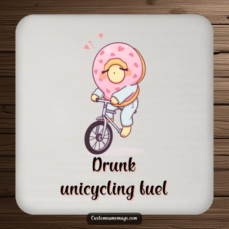 Funny drink coaster set with a sleepy donut in pajamas riding a unicycle, protecting surfaces with sweet humor.