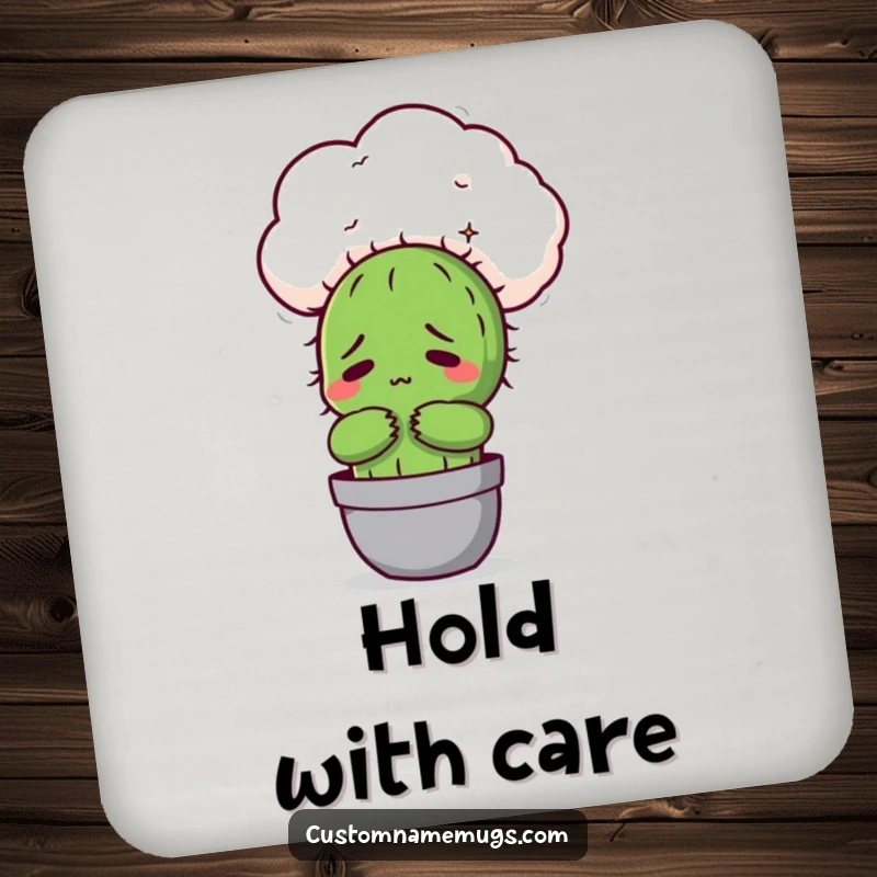 Funny Kawaii cactus character awkwardly hugging a fluffy cloud, a humorous coaster for drink protection.