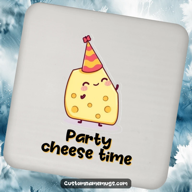 Funny Drink Coaster: Jolly cheese wedge attempting to balance a tiny party hat, bringing cheesy humor to surfaces.