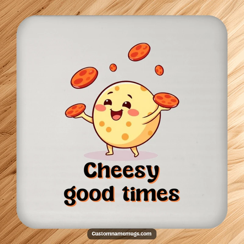 Funny drink coasters showcasing a round cheese character happily juggling pepperoni slices like frisbees, adding humorous protection to surfaces.