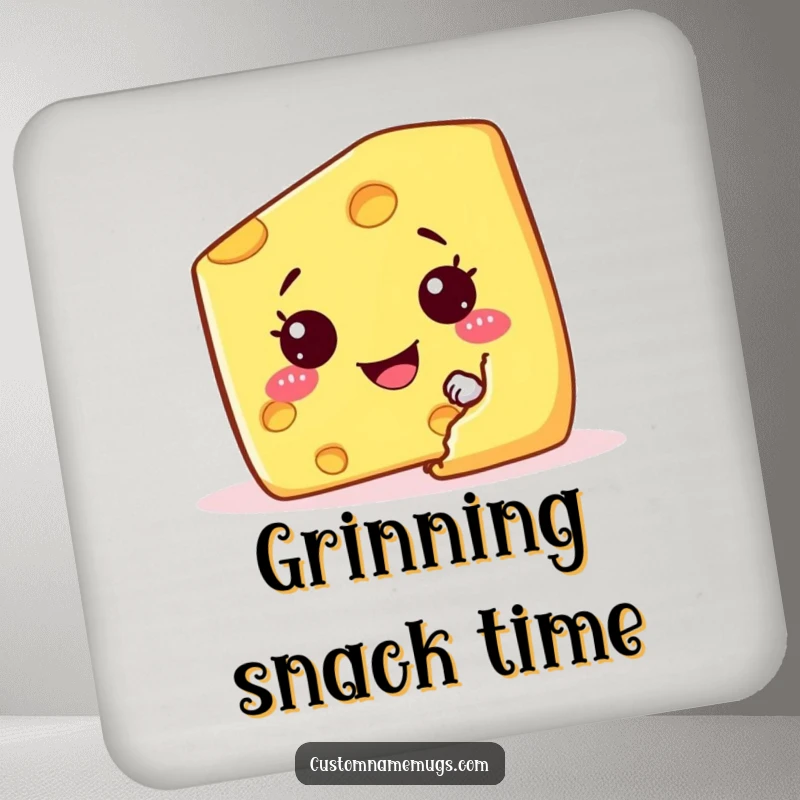 Funny drink coasters showing a mischievous cheese wedge character hiding behind a cracker, adding humor to tabletops.