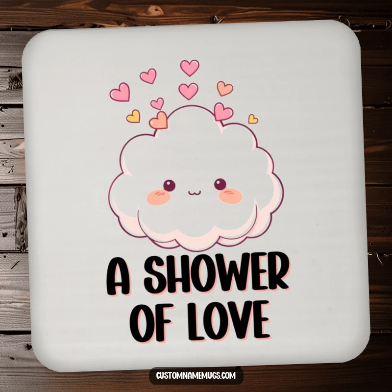 Funny Coaster: Cute, fluffy cloud character playfully raining small, colorful hearts onto its own head, protecting surfaces.
