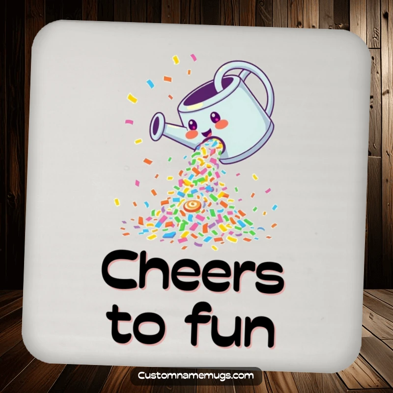 Funny Drink Coaster: Giggling watering can pouring a cascade of colorful confetti, bringing festive humor to surfaces.