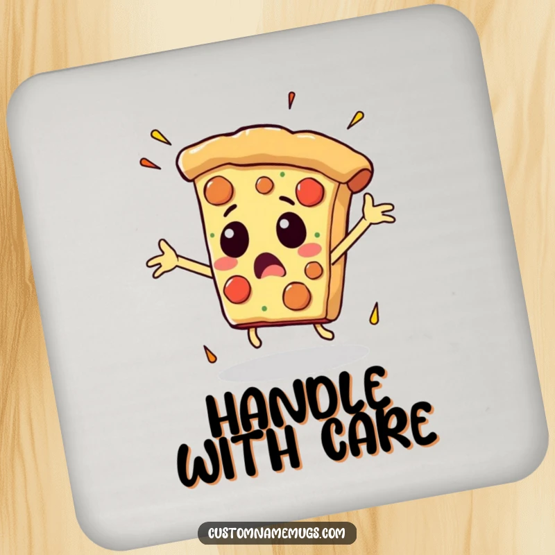 Funny drink coaster with a pizza slice comically flailing its arms as it falls, adding humorous protection to beverage placement.