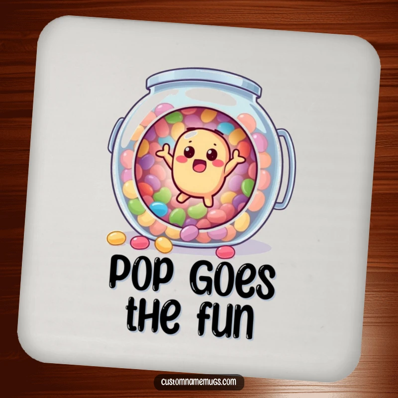 Funny drink coaster showing a surprised jellybean character comically bouncing out of a candy jar, protecting surfaces with playful humor.