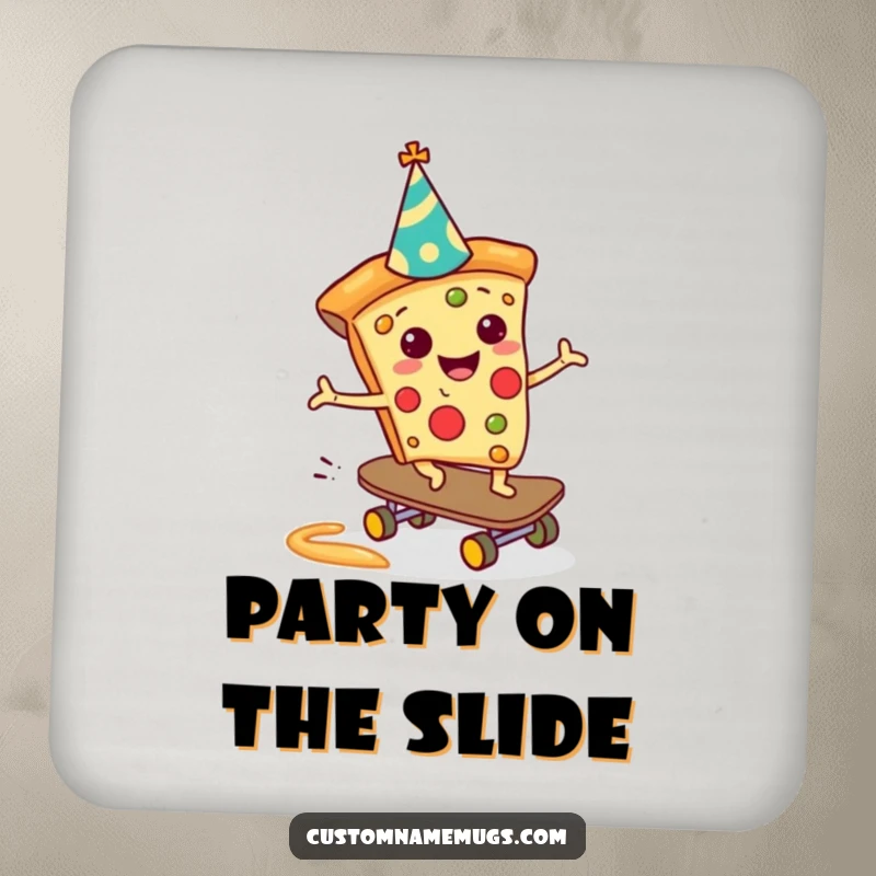 Funny Pizza Skateboarder Drink Coaster: A pizza slice skateboarding down a sauce slide, bringing humor and making a great funny gift.