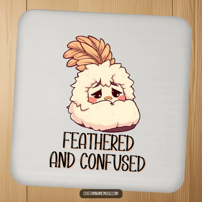 Funny Slipper Drink Coaster: A confused, fluffy slipper with a feather, adding humorous protection and a cute funny gift.