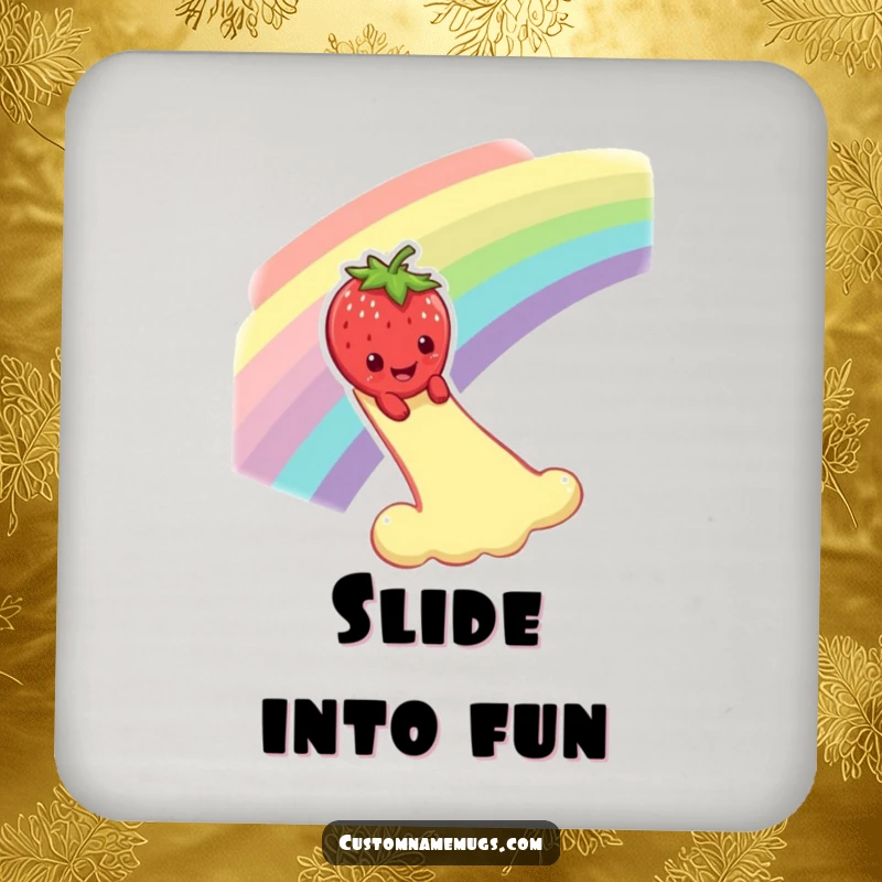 Funny drink coasters showcasing a smiling strawberry character dramatically sliding down a rainbow, adding whimsical protection to surfaces.