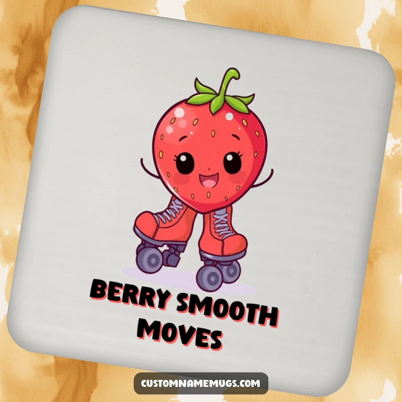 Funny drink coasters featuring a cheerful strawberry character on roller skates, wobbling, adding humor to tabletops.