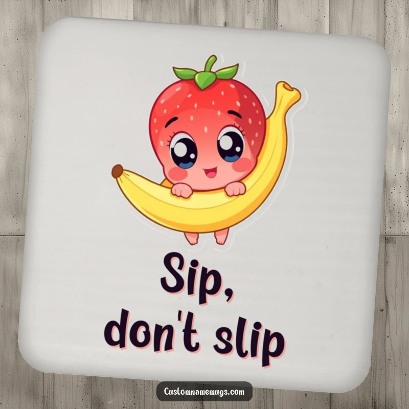 Funny drink coaster depicting a cute strawberry character with wide eyes comically slipping on a banana peel, adding humor to beverage placement.