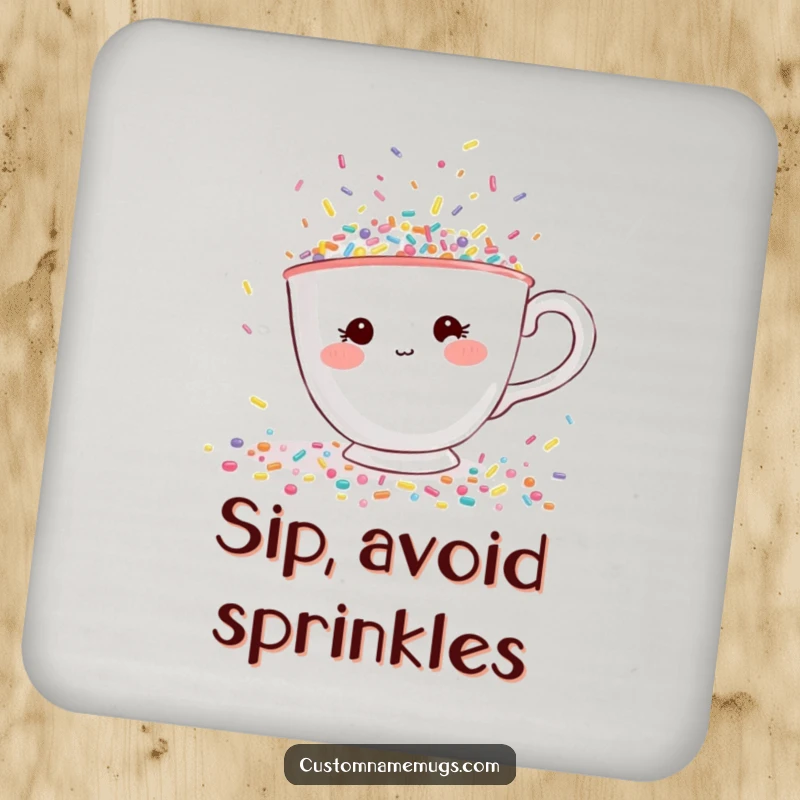 Funny drink coaster with a shy teacup character with rosy cheeks, desperately trying to escape a flood of tiny, colorful sprinkles.